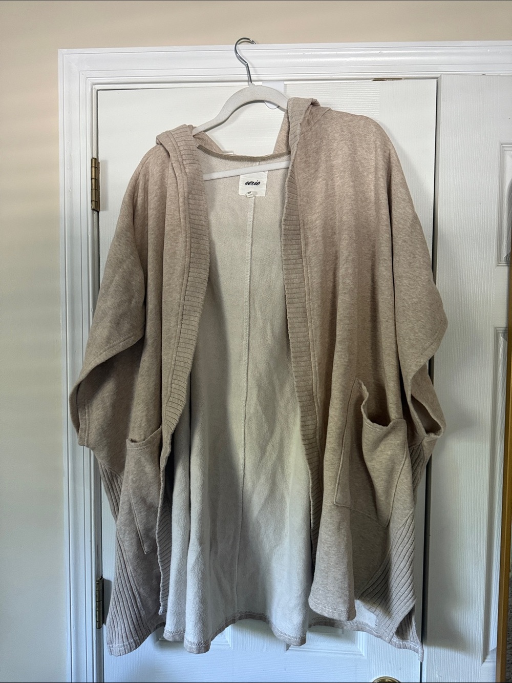 aerie Cozy Hooded Open Cardigan in Beige